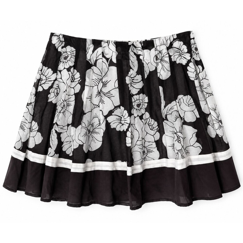 New Bebe Pleated Sash Mini Skirt Size 4 City Brown White Floral Cotton Silk NWT